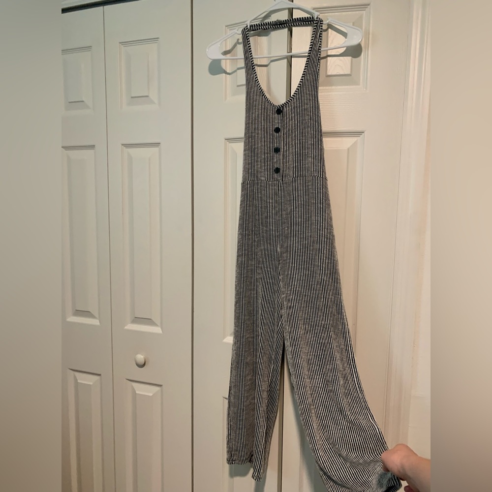Striped halter top open back jumpsuit size small